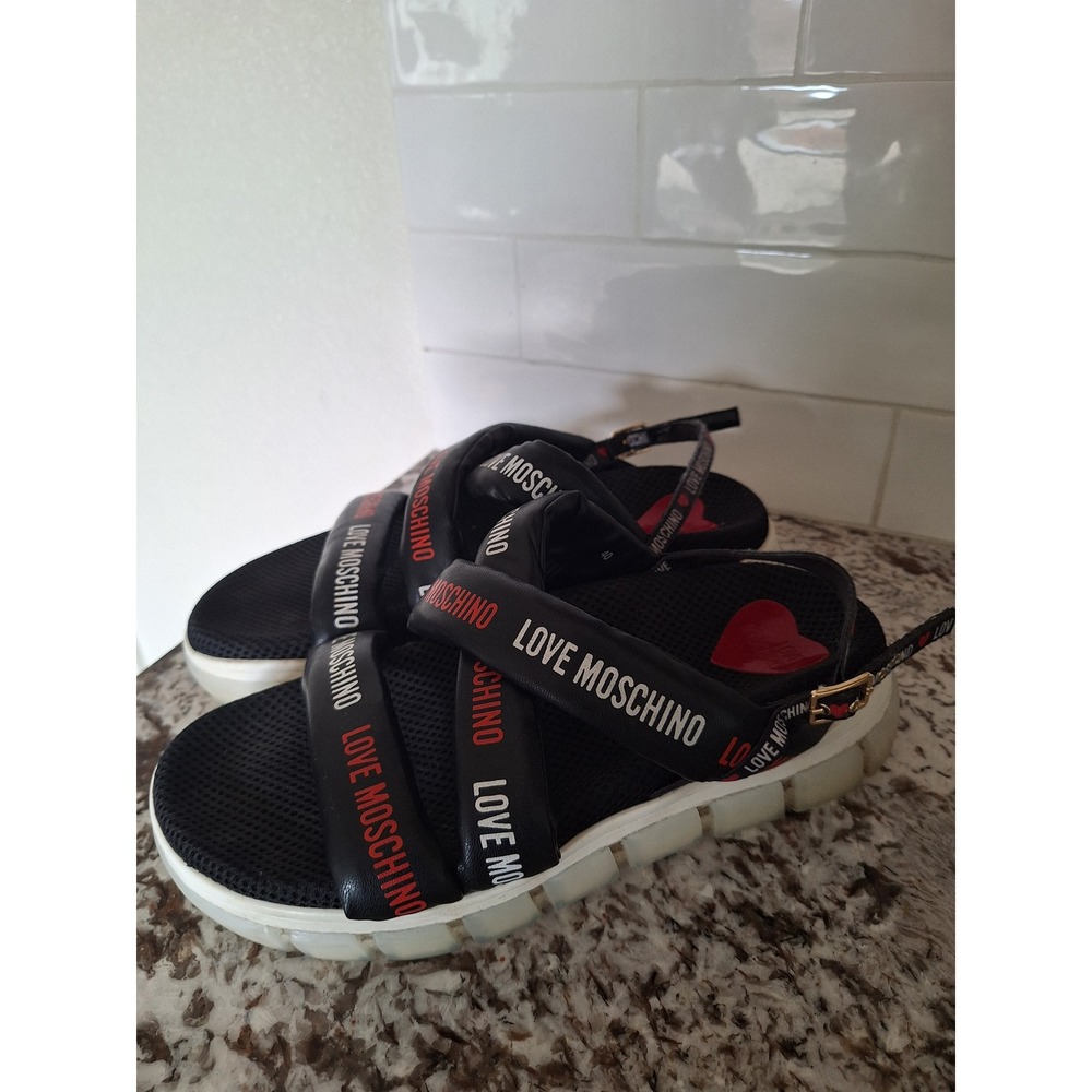 Moschino Black Red Logo Tape Platform Sandals Women's Sz 40/9.5 US - Picture 5 of 9